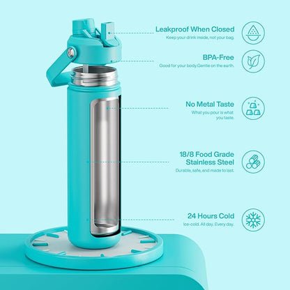 Insulated Water Bottle with Straw - Encool Stainless Steel Water Bottle, Leak-Proof, BPA-Free, Double Wall Vacuum Keeps Cold for 24 Hours for Sports, Travel, School (26 oz, Aquamarine Blue)