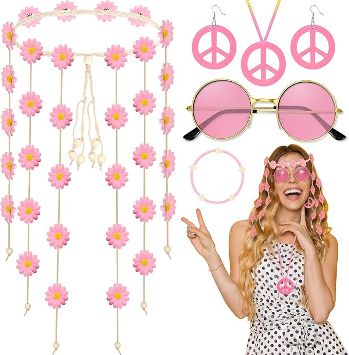 6 Pcs Hippie Costume Accessories Set, Flower Hippie Headband Boho Peace Sign Necklace Earrings Sunglasses Bracelet