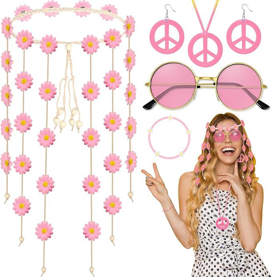 6 Pcs Hippie Costume Accessories Set, Flower Hippie Headband Boho Peace Sign Necklace Earrings Sunglasses Bracelet