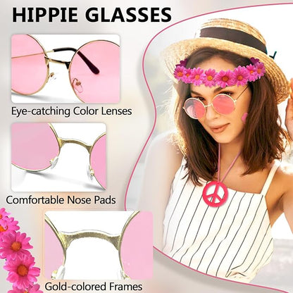 Hippie Costume Accessories Set Peace Sign Necklace Sunglasses Flower Headband Earrings for 60s 70s Outfit Party Women