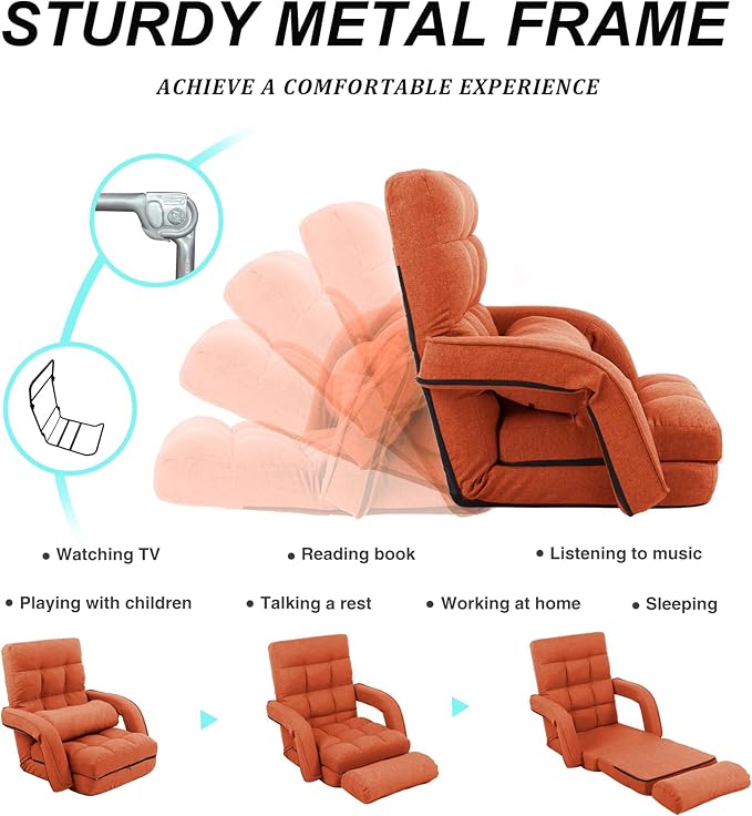 Adjustable Floor Chair for Adults with Back Suppor,5-Position Folding Lazy Sofa with Pillow, Gaming & Meditation Chair with Breathable Fabric - for Living Room, Bedroom, Office,Balcony (Orange)