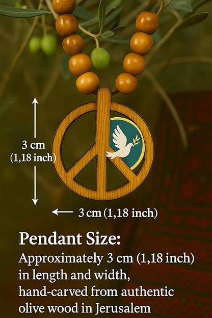 SANAD Peace Sign Necklace Olive Wood – Handmade Hippie Jewelry from Jerusalem – 60s 70s Costume Accessory – Lightweight Retro Pendant for Men & Women