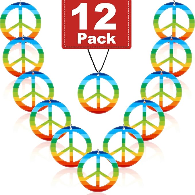 meekoo 12 Pcs Rainbow Peace Necklaces Plastic Hippie Pendant Necklace 60s 70s 80s Costume Accessory Love Peace Sign Gifts for Men Women Halloween Party Supplies