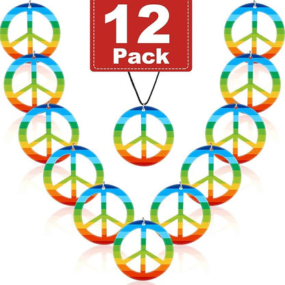 meekoo 12 Pcs Rainbow Peace Necklaces Plastic Hippie Pendant Necklace 60s 70s 80s Costume Accessory Love Peace Sign Gifts for Men Women Halloween Party Supplies