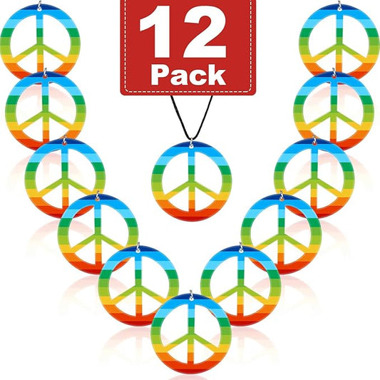 meekoo 12 Pcs Rainbow Peace Necklaces Plastic Hippie Pendant Necklace 60s 70s 80s Costume Accessory Love Peace Sign Gifts for Men Women Halloween Party Supplies