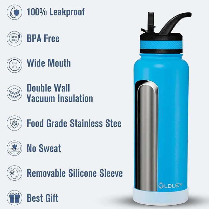 OLDLEY 40 oz Insulated Water Bottle With Straw, Stainless Steel Sports Water Cup Flask with 3 Lids(Straw, Spout and Handle Lid) Double Walled Travel Thermal Canteen Mug,Sky Blue
