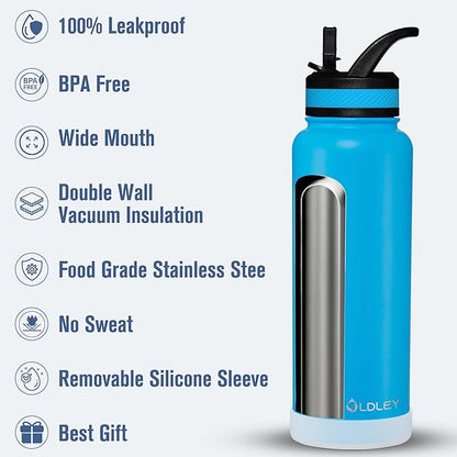OLDLEY 40 oz Insulated Water Bottle With Straw, Stainless Steel Sports Water Cup Flask with 3 Lids(Straw, Spout and Handle Lid) Double Walled Travel Thermal Canteen Mug,Sky Blue