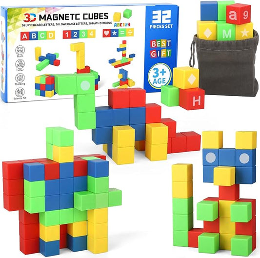 Dilabnba 32PCS Magnetic Building Blocks for Kids Ages 3-5 4-8, 3D Magnet Cube Montessori Toy, Sensory Preschool Creative STEM Montessori Toy