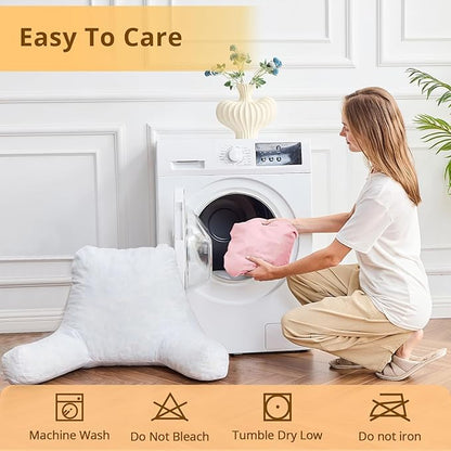 Sasttie Reading Pillow, Velvet Back Pillow for Bed Sitting Up, Adult Back-Rest Support Cushion with Arms for Sit Up on Couch, Sofa, and Floor, Dorm Essentials, Reading Accessories, Pink