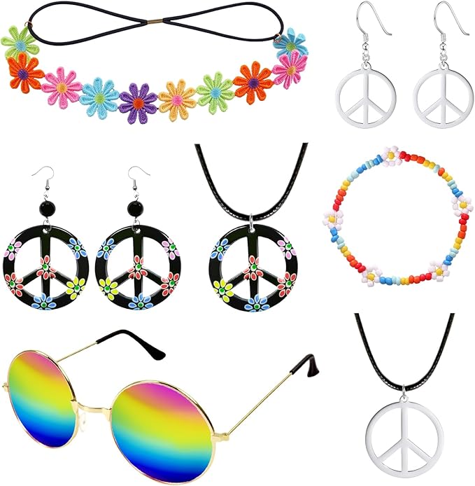 Hippie Costume Accessories for Women Peace Sign Earrings Necklace Flower Headband Sunglasses 60s 70s Accessories