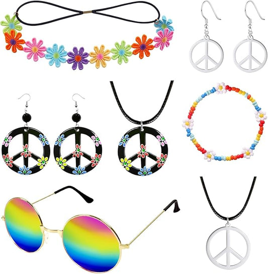 Hippie Costume Accessories for Women Peace Sign Earrings Necklace Flower Headband Sunglasses 60s 70s Accessories