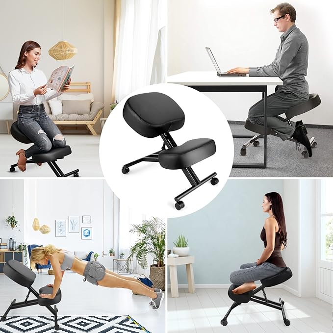 Kneeling Chair Ergonomic for Office, Adjustable Stool for Home and Office - Improve Your Posture with an Angled Seat - Thick Moulded Foam Cushions - Brake and Smooth Gliding Casters