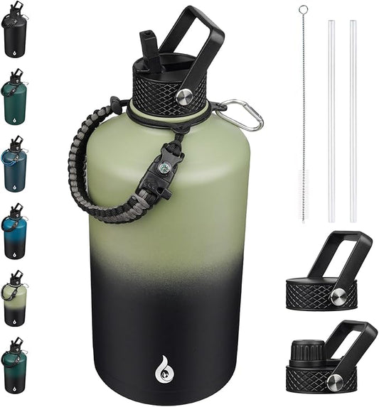 BJPKPK 1 Gallon Water Bottle with Straw Lid, 50oz, 64oz, 87oz, 128oz Large, Stainless Steel Water Bottles with 3 Lids and Paracord Handle, Double Wall Vacuum Metal Water Jug, Camp Green & Black
