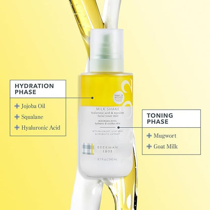 Beekman 1802 Milk Shake Hydrating Face Mist - Hyaluronic Acid & Squalane Facial Mist Minimizes Pores & Gently Moisturizes - Goat Milk Skin Toner Spray - Lightweight, Fragrance-Free Travel Toner
