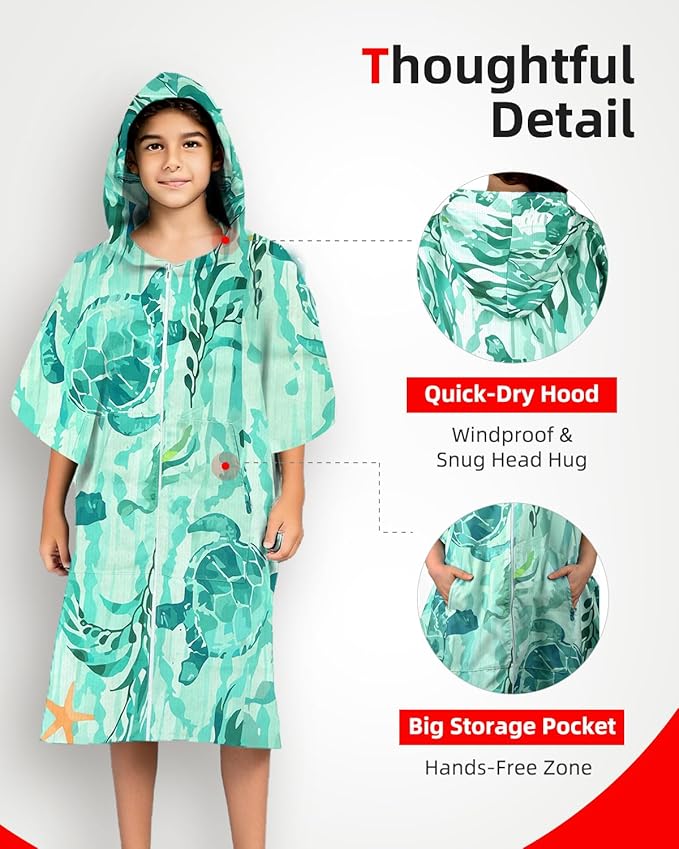 Abahub Surf Poncho Women & Men Towel Poncho Adult with Hood, Thick Quick Dry Changing Poncho Towel, Microfiber Wearable Cover Up for Surfing Beach Swim - Absorbent Changing Towel S (Green Turtle)