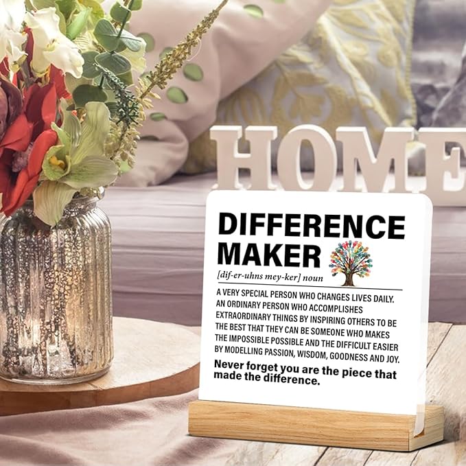 Difference Maker Gift Thank You Gifts for Employees Coworkers Boss Mentor Teachers, Difference Maker Definition Acrylic Desk Plaque Sign Office Decor 4 x 4 Inches