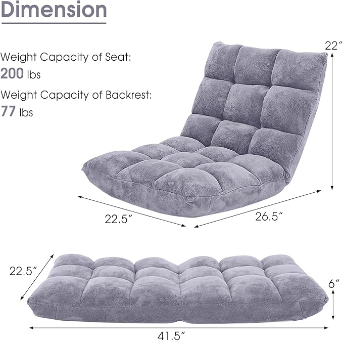 Moccha 14-Position Floor Chair, Folding Sofa Chair with Back Support, Memory Foam Floor Gaming Chairs for Adults, Adjustable Padded Couch Recliner Sleeper Bed for Reading, Meditating, Gray