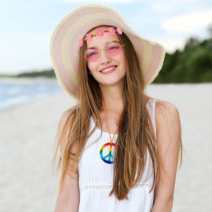60s 70s Hippie Costume Accessories Set-Hippie Sunglasses/Peace Necklaces/Flower Headbands for Hippie Party