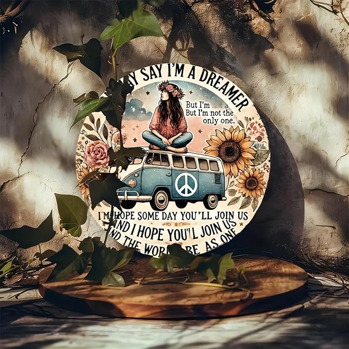 Hippie Van Round Aluminum Sign "Dreamer" Quote Wall Art Decor, Retro Floral Peace Bus Home Decoration, Funny Tin Plaque for Kitchen, Restaurant,Garage - 1 Piece Vintage Engraved 7.8 Inch