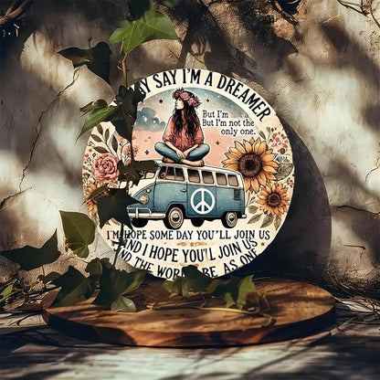 Hippie Van Round Aluminum Sign "Dreamer" Quote Wall Art Decor, Retro Floral Peace Bus Home Decoration, Funny Tin Plaque for Kitchen, Restaurant,Garage - 1 Piece Vintage Engraved 7.8 Inch