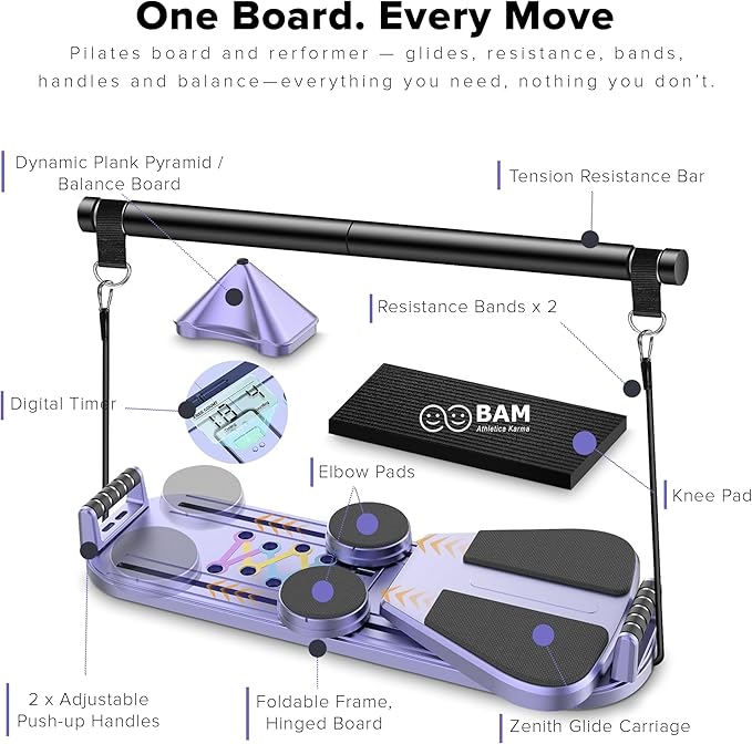 BAM Athletica Pilates Board & Reformer for Home Workouts | A Adjustable & Foldable Pilates Reformer & Board for Women, Full Body Toning, Core Strength & Abs | All-in-One Pilates Machine for Beginners
