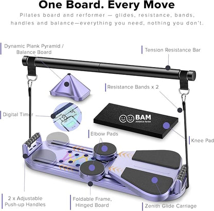 BAM Athletica Pilates Board & Reformer for Home Workouts | A Adjustable & Foldable Pilates Reformer & Board for Women, Full Body Toning, Core Strength & Abs | All-in-One Pilates Machine for Beginners