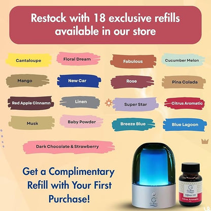 G's Breeze Smart Aroma Diffuser with 60ml Citrus Aromatic Scent Refill – Bluetooth & Wi-Fi App Control, LED Lighting, Adjustable Intensity, Long-Lasting Fresh Zesty Citrus Fragrance for Home or Office