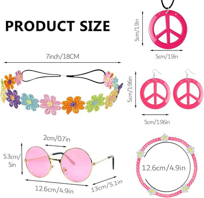 Hippie Costume Accessories Set Peace Sign Necklace Sunglasses Flower Headband Earrings for 60s 70s Outfit Party Women