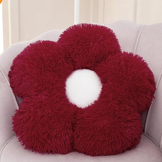 MorroMorn Flower Pillow Shaped Throw Pillows, 20" Floor Pillow Butt Cushion - Fluffy Shaggy Daisy Floral Decorative Pillows for Bed Couch Sofa Chair Cute Plush Faux Fur Room Decor (Dark Red)