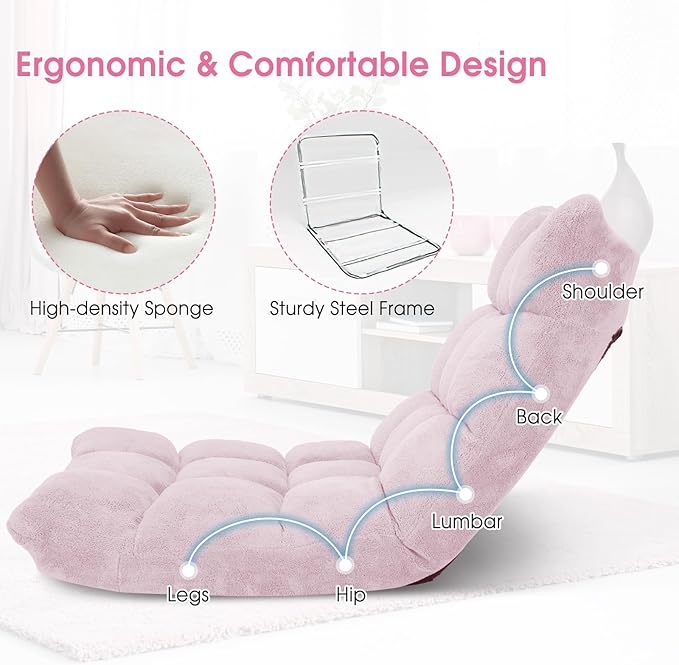 Giantex Floor Chair with Back Support, 14 Adjustable Position, Padded Sleeper Bed, Couch Recliner, Gaming Floor Chairs for Meditation, Adults, Living Room, Gaming Chair Floor, Light Pink