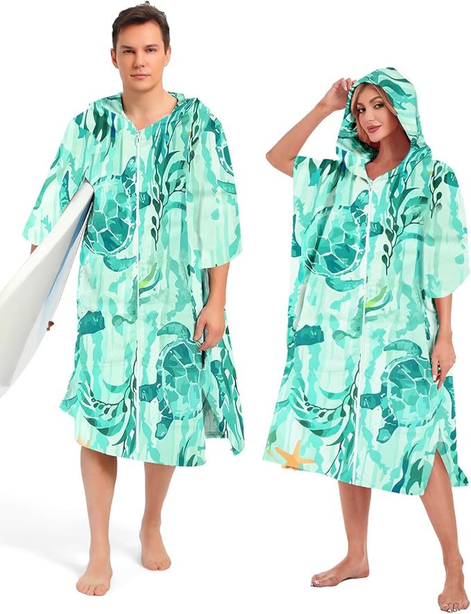 Abahub Surf Poncho Men & Women Towel Poncho Adult with Hood, Thick Quick Dry Changing Poncho Towel, Microfiber Wearable Cover Up for Surfing Beach Swim - Absorbent Changing Towel L (Green Turtle)