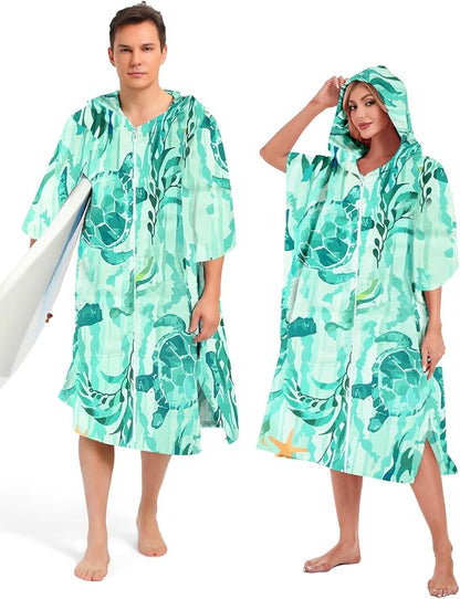Abahub Surf Poncho Men & Women Towel Poncho Adult with Hood, Thick Quick Dry Changing Poncho Towel, Microfiber Wearable Cover Up for Surfing Beach Swim - Absorbent Changing Towel L (Green Turtle)