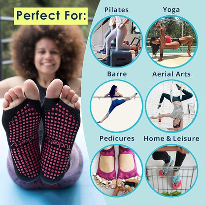 Tucketts Toeless Pilates Socks with Grips for Women, Non-Slip Yoga & Barre Socks for Stability & Barefoot Workouts, Size 6-13