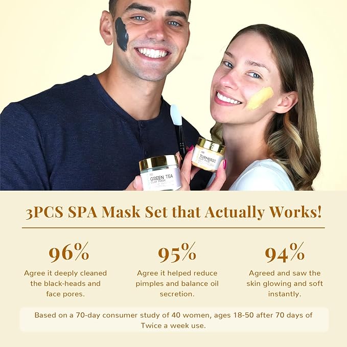 ANAI RUI Christmas Face Mask Gift Set, Turmeric Clay Mask - Green Tea Clay Mask - Dead Sea Minerals Mud Mask, Spa Facial Mask Set, Face Mask Gift Set 2.5 oz each