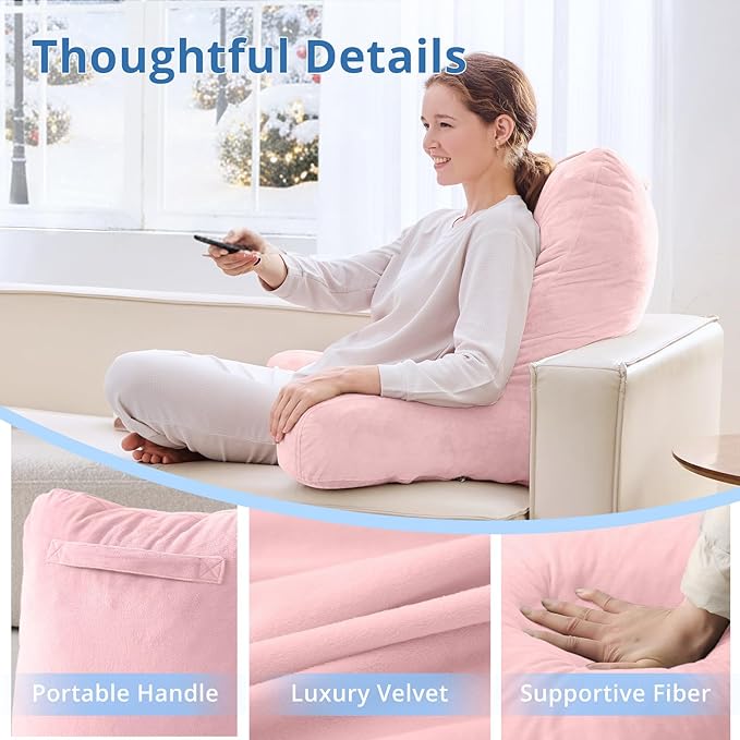 Sasttie 25-inch Reading Pillows for Sitting in Bed Adult, Jumbo Velvet Back Pillow Bed Sitting Up, XL High Back-Rest Support Cushion for Sit Up on Couch & Floor, Oeko-Tex Certified, Pink