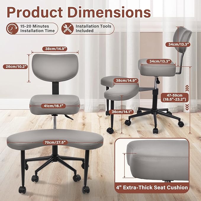 Meditation Chair, Cross Legged ADHD Office Chair for Adults with Wheels Ergonomic Back Support and Leg Rest for Multi Position Criss Cross Sitting Kneeling and Yoga Height Adjustable, Leather Style