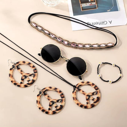 Batiyeer 6 Pcs Hippie Costume Accessories Set, Boho Peace Sign Daisy Flower 60s 70s Party Favors Decor for Groovy Party Women
