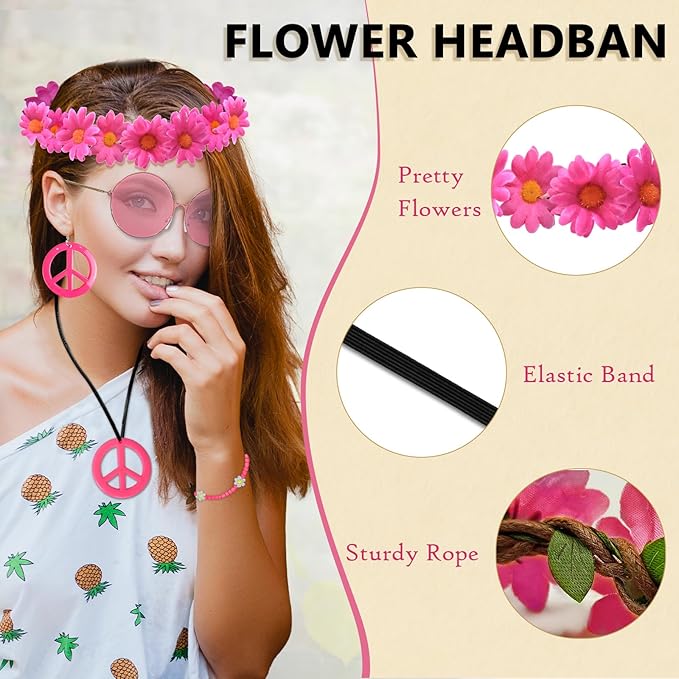 Hippie Costume Accessories Set Peace Sign Necklace Sunglasses Flower Headband Earrings for 60s 70s Outfit Party Women