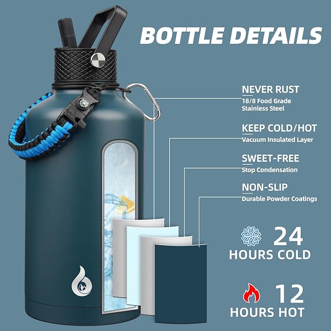 BJPKPK 2/3 Gallon Water Bottle with Straw Lid, 50oz, 64oz, 87oz, 128oz Large, Stainless Steel Water Bottles with 3 Lids and Paracord Handle, Double Wall Vacuum Metal Jug, Navy Blue