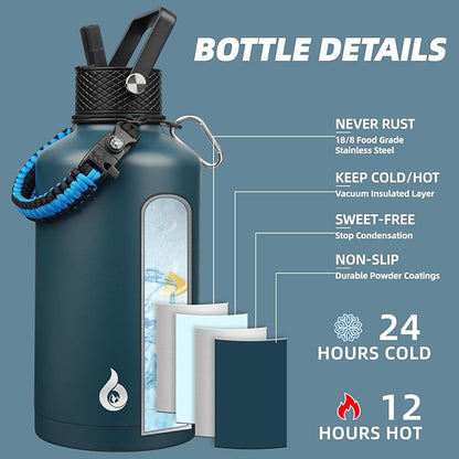 BJPKPK 2/3 Gallon Water Bottle with Straw Lid, 50oz, 64oz, 87oz, 128oz Large, Stainless Steel Water Bottles with 3 Lids and Paracord Handle, Double Wall Vacuum Metal Jug, Navy Blue