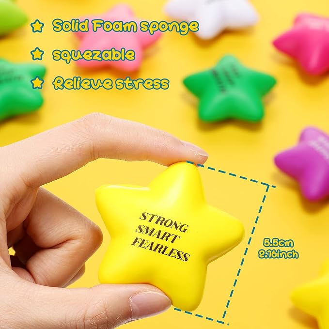 Sotiff 100 Pack Star Stress Balls Bulk Stress Relief Balls with Motivational Quotes Mini Inspirational Foam Party Favors Gifts for Kids Adults Anger Fidget Relief Exercise(Bright Colors)