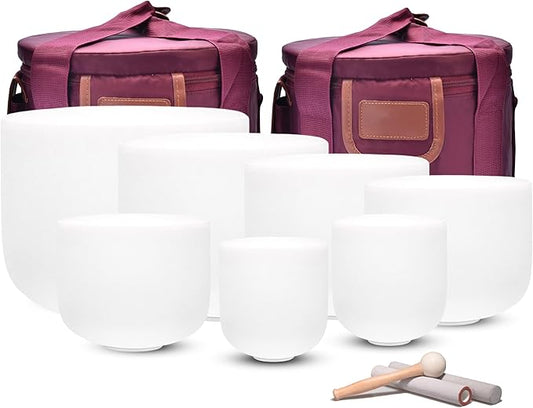 Alioth 6-12" Chakra Set of 7 Crystal Singing Bowls with Sturdy Carrying Cases and Singing Bowl Mallets.