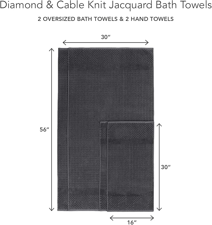 Texere 100% Organic Cotton Diamond Jacquard 700 GSM Luxury Bath Towel Sets - Ultra Soft and Absorbent Hotel and Spa Quality (Diamond, Black, 2 Bath & 2 Hand Towels)