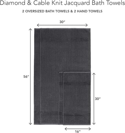 Texere 100% Organic Cotton Diamond Jacquard 700 GSM Luxury Bath Towel Sets - Ultra Soft and Absorbent Hotel and Spa Quality (Diamond, Black, 2 Bath & 2 Hand Towels)