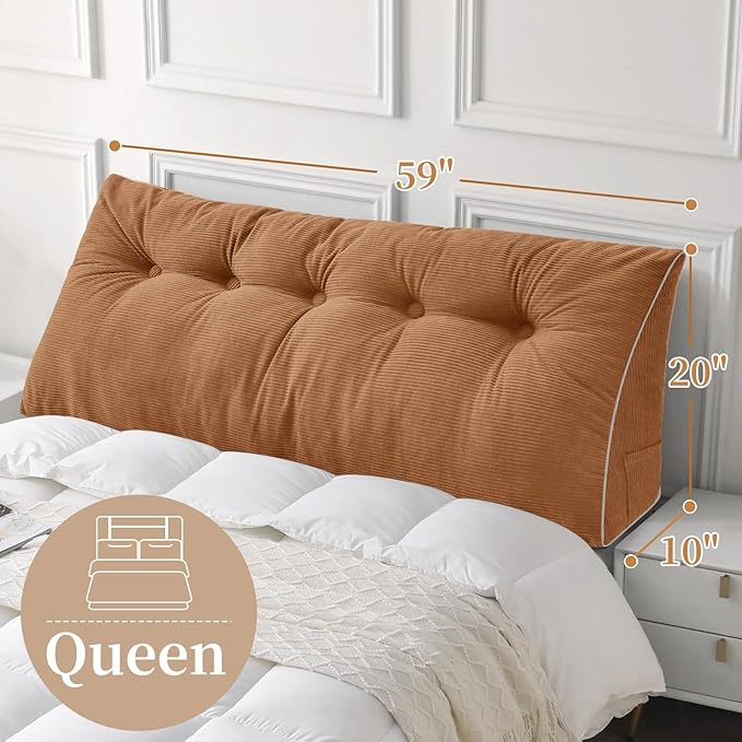 Sasttie Headboard Pillow Queen, Wedge Pillow Headboard for Sitting Up in Bed, Back-Rest Support Triangular Cushion for Reading - Features Removable Washable Cover, Caramel