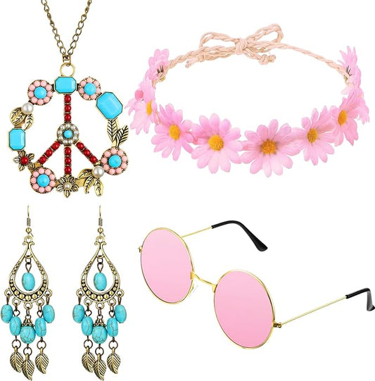 Hicarer Hippie Costume Accessories Include Sunglasses, Peace Sign Necklace, Boho Headband and Earring for 60s 70s Party