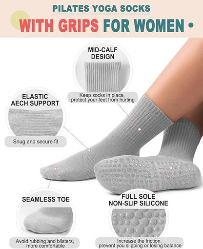 5 Pairs Pilates Grip Socks Yoga Socks with Grips for Women, Non-Slip Athletic Socks for Ballet, Dance, Workout, Hospital