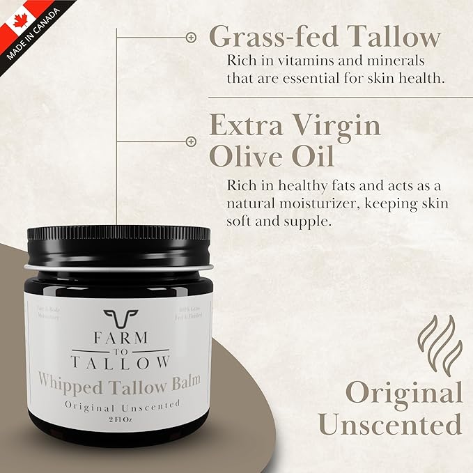 FARM TO TALLOW 100% Grass-Fed Beef Tallow for Skin, Face & Body – Unscented Moisturizer Made with Olive Oil – Gentle & Hydrating Natural Skincare Cream for Dry, Sensitive Skin – 2 Oz
