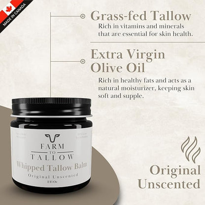 FARM TO TALLOW 100% Grass-Fed Beef Tallow for Skin, Face & Body – Unscented Moisturizer Made with Olive Oil – Gentle & Hydrating Natural Skincare Cream for Dry, Sensitive Skin – 2 Oz