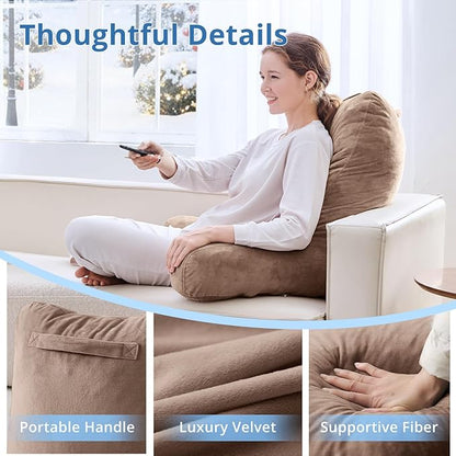 Sasttie 25-inch Reading Pillows for Sitting in Bed Adult, Jumbo Velvet Back Pillow Bed Sitting Up, XL High Back-Rest Support Cushion for Sit Up on Couch & Floor, Oeko-Tex Certified, Light Brown